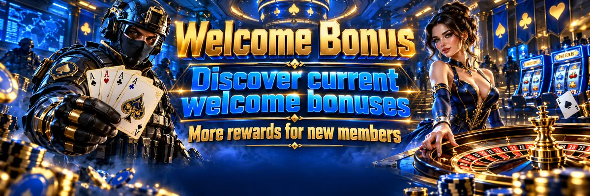 Tactical casino soldier and glamorous female host framed by blue metallic panels, golden cards and glowing casino interface symbols